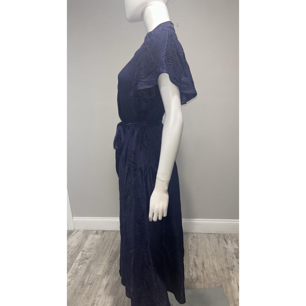 Women's Shoshanna Navy Jacquard Ruffle Sleeve Belted Midi Dress Size 6 - Picture 9 of 12